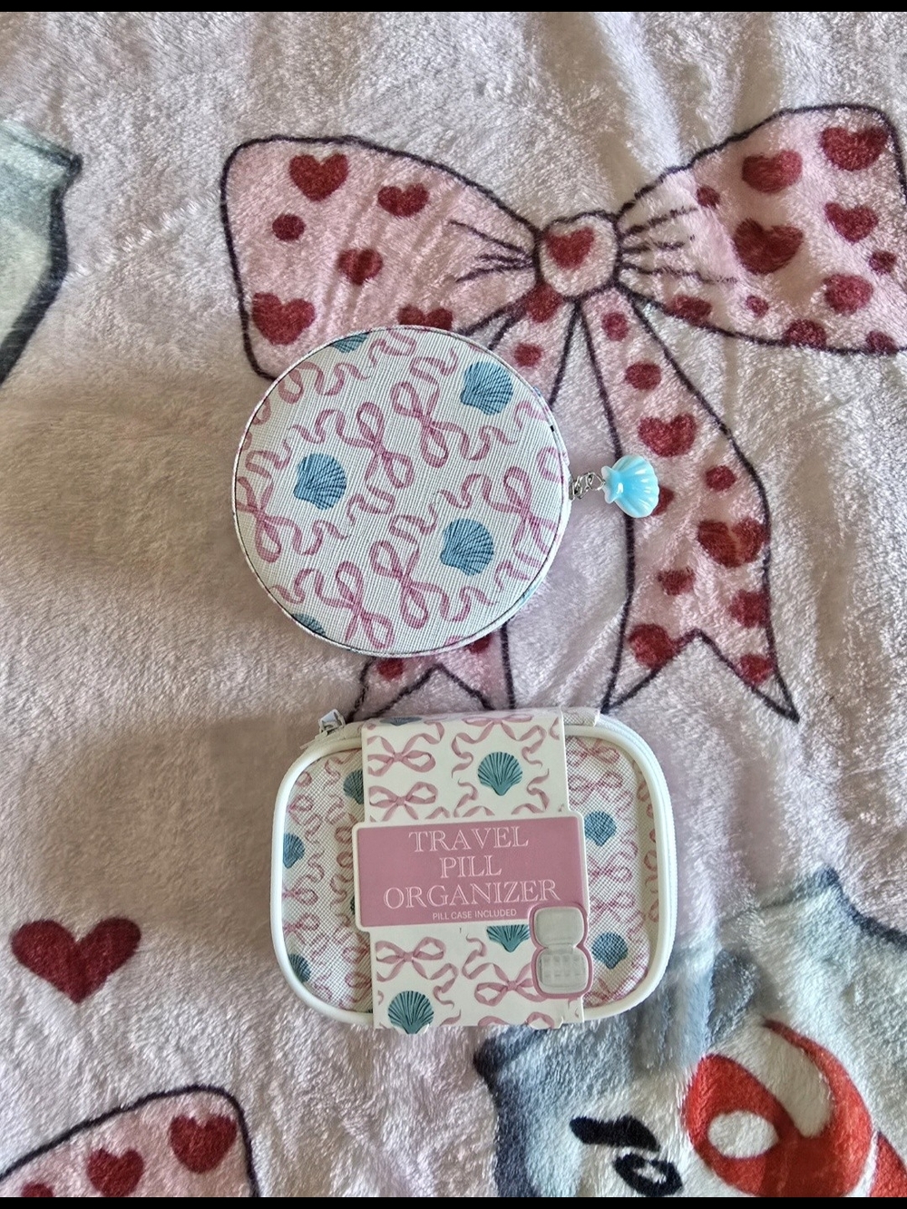 Travel Pill Organizer - Pink & Teal Seashell Design